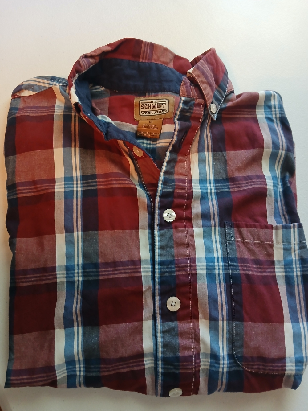 Men's Schmidts  Red and Blue Plaid Button-Down Work Shirt Size Medium
